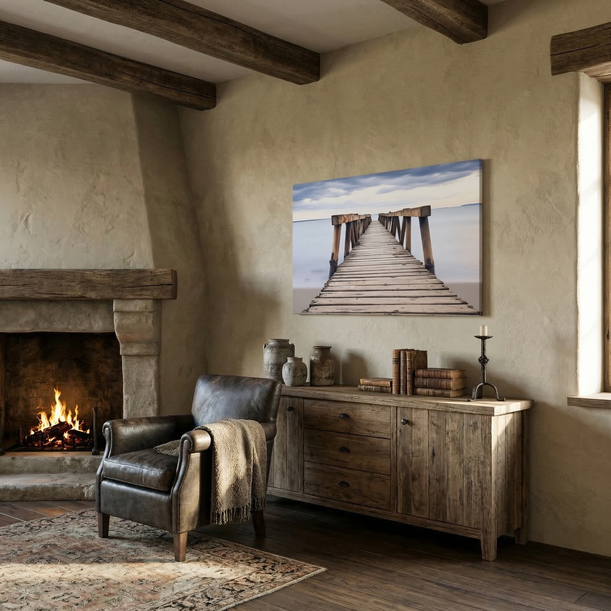 Echoes of the Sea Abandoned Weathered Pier Beach Subdued Photorealistic Digital Artwork Canvas in Rustic Style Living Room