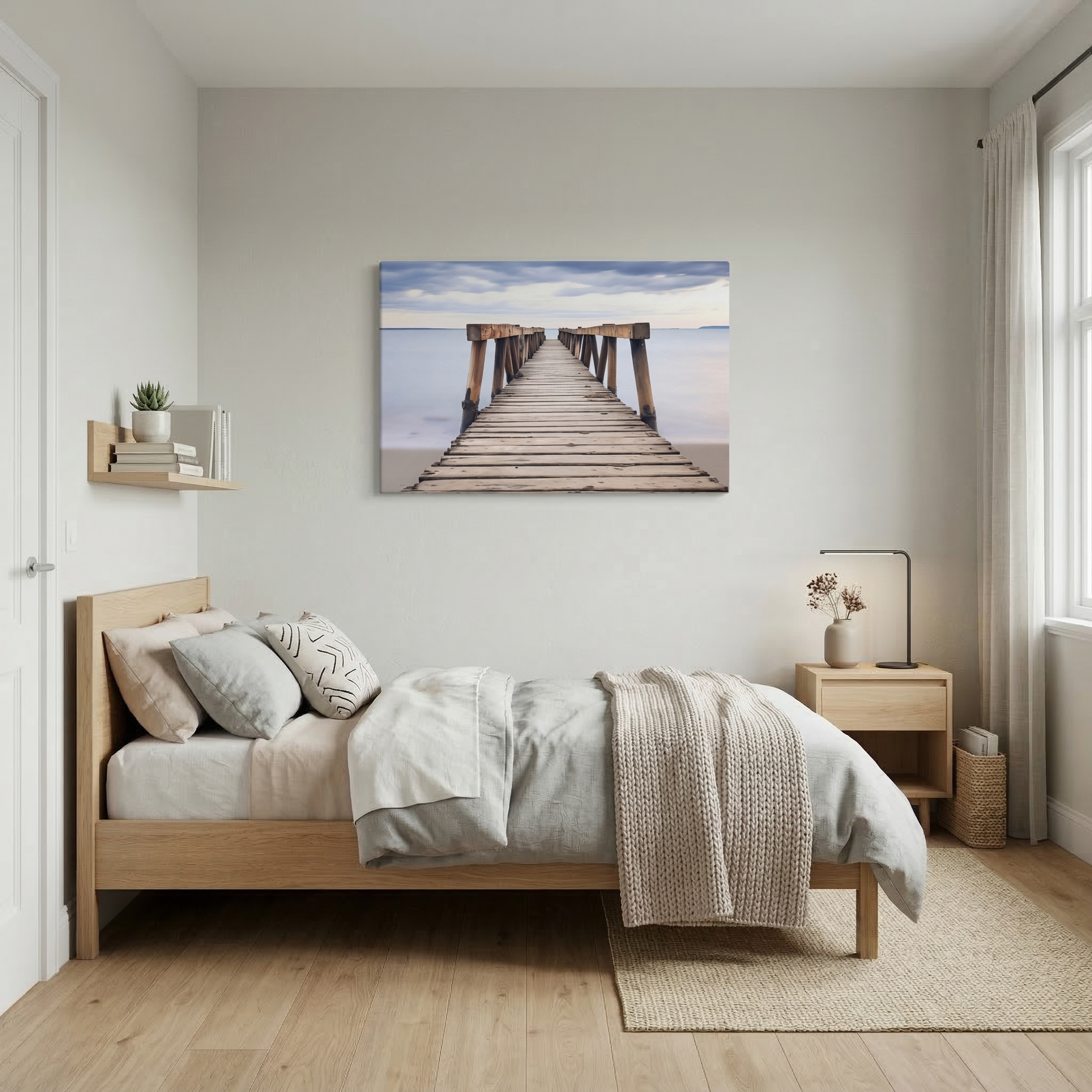 Echoes of the Sea Abandoned Weathered Pier Beach Subdued Photorealistic Digital Artwork Canvas in Scandinavian Style Bedroom