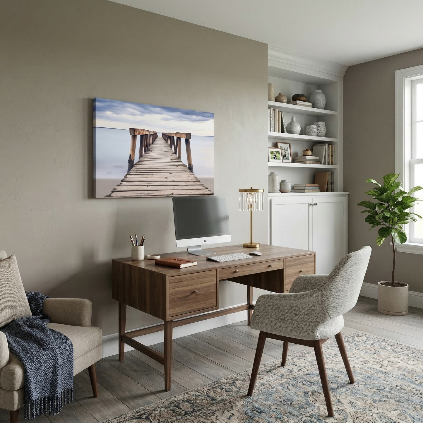 Echoes of the Sea Abandoned Weathered Pier Beach Subdued Photorealistic Digital Artwork Canvas in Transitional Style Home Office