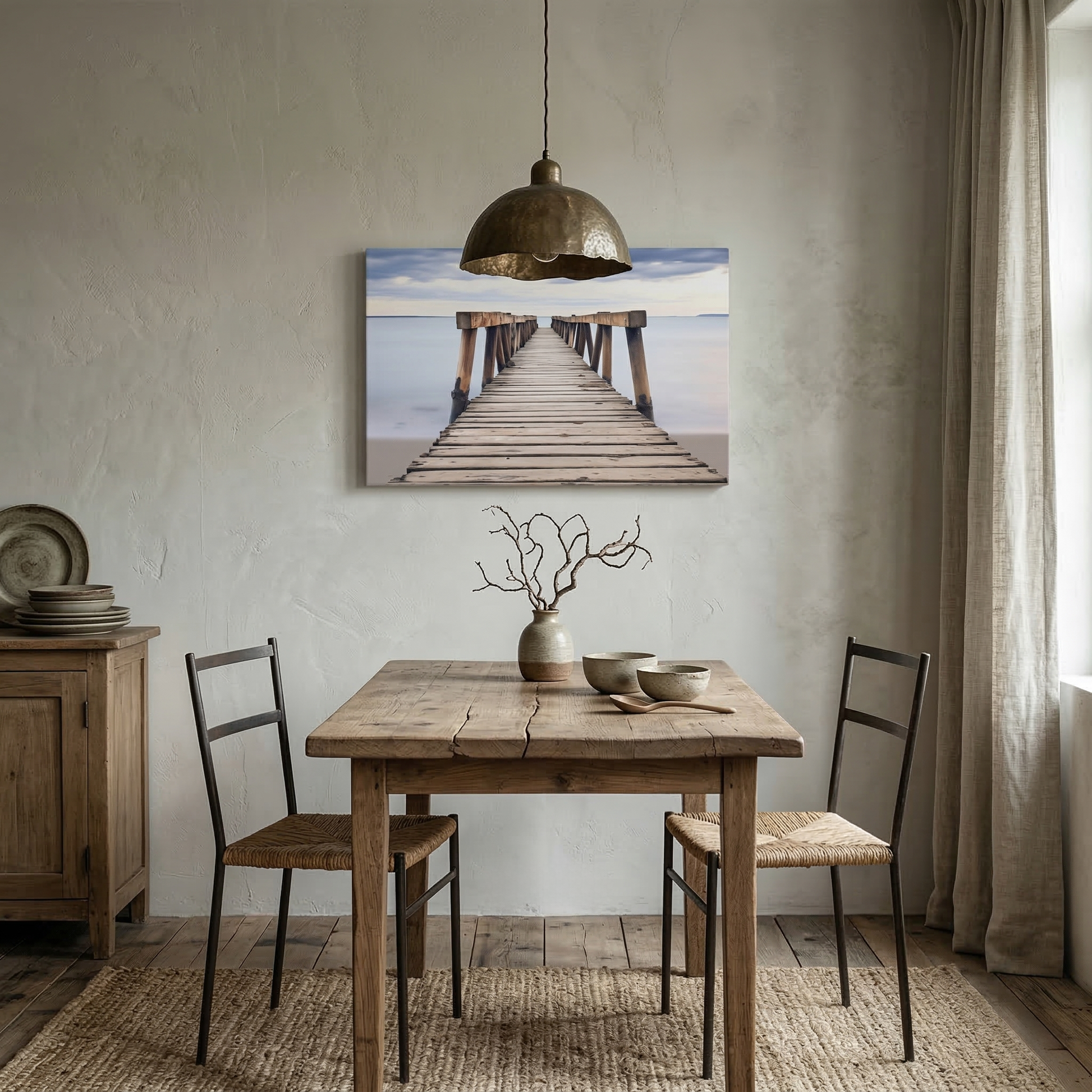 Echoes of the Sea Abandoned Weathered Pier Beach Subdued Photorealistic Digital Artwork Canvas in Wabi-Sabi Style Dining Room