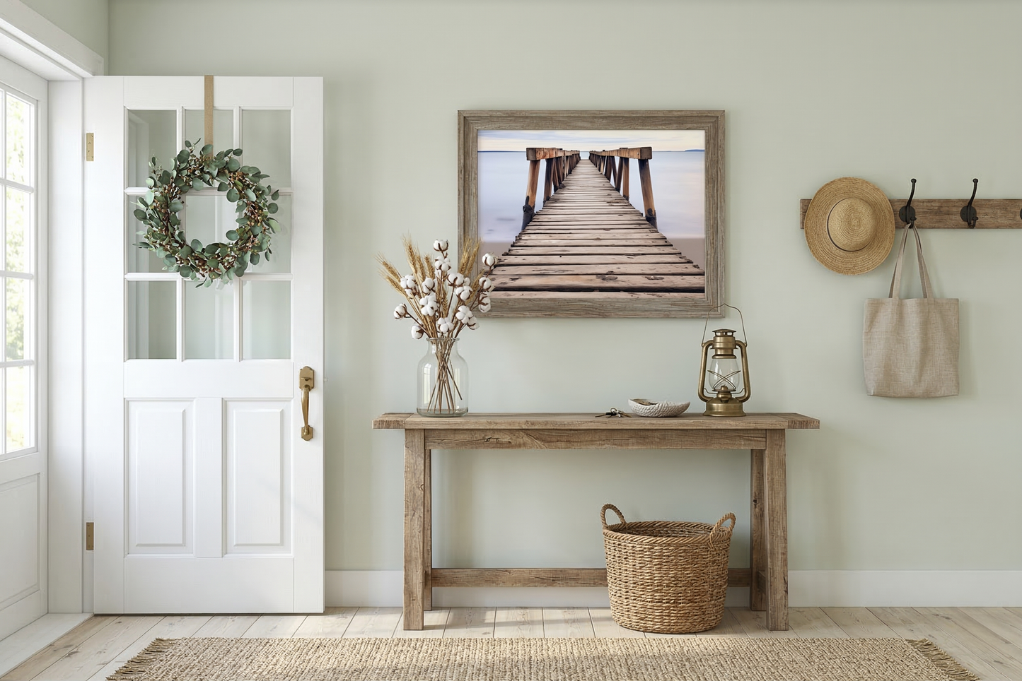 Echoes of the Sea Abandoned Weathered Pier Beach Subdued Photorealistic Digital Artwork DIY Printable Farmhouse Style Entryway
