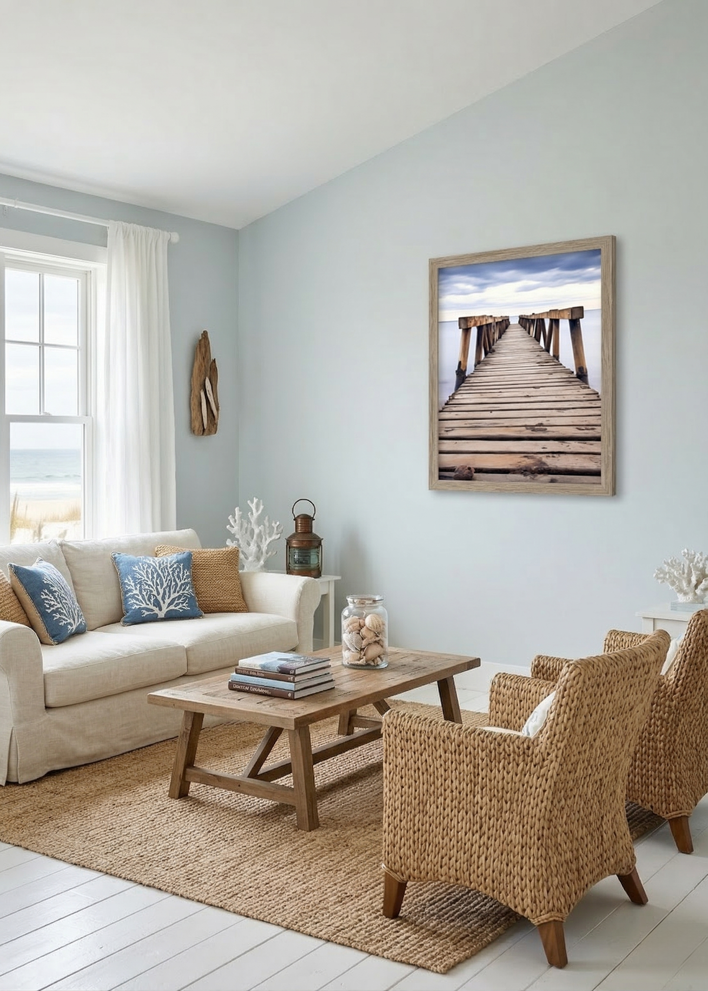 Echoes of the Sea Abandoned Weathered Pier Beach Subdued Photorealistic Digital Artwork DIY Printable in Coastal Style Living Room