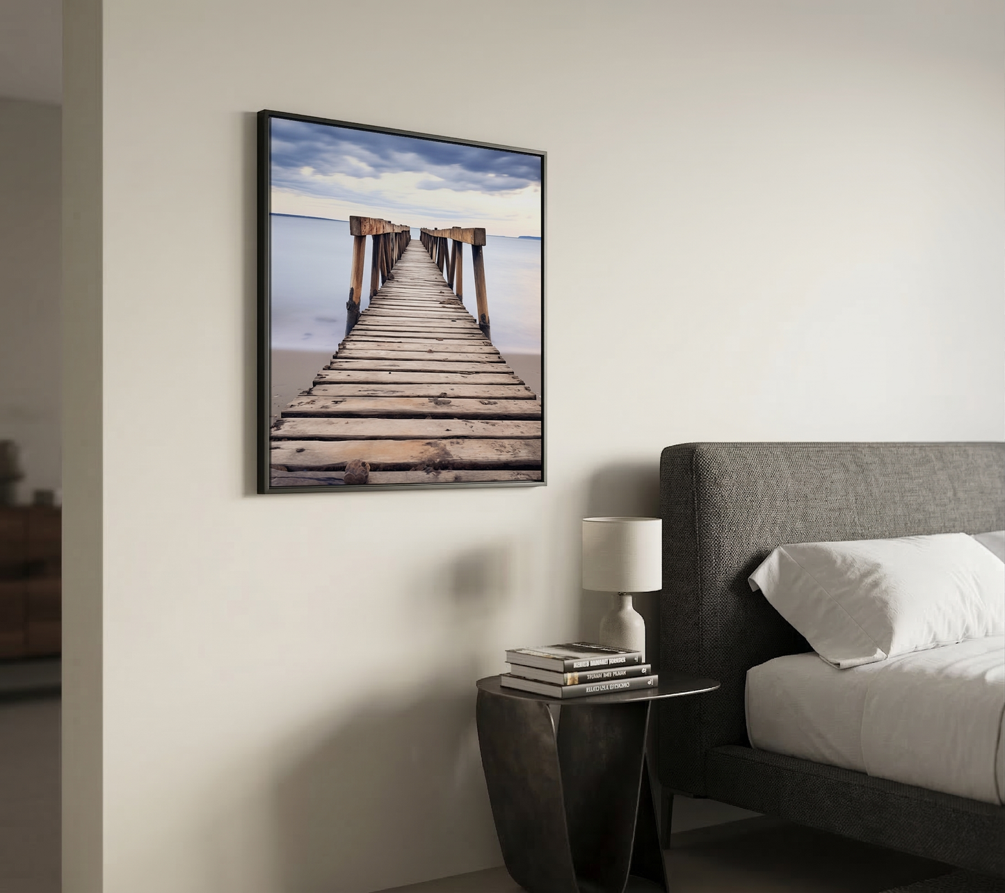 Echoes of the Sea Abandoned Weathered Pier Beach Subdued Photorealistic Digital Artwork DIY Printable in Contemporary Style Bedroom