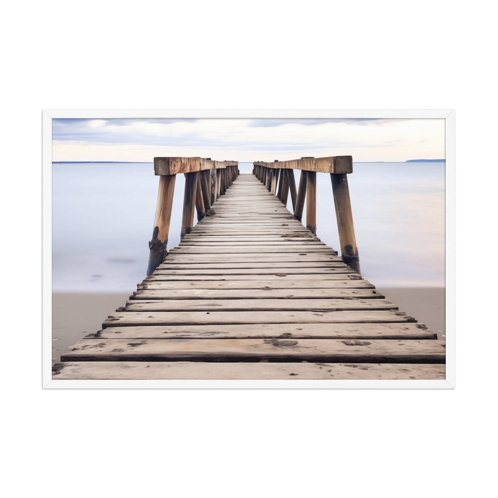 Echoes of the Sea Abandoned Weathered Pier Beach Subdued Photorealistic Digital Artwork Framed White Frame