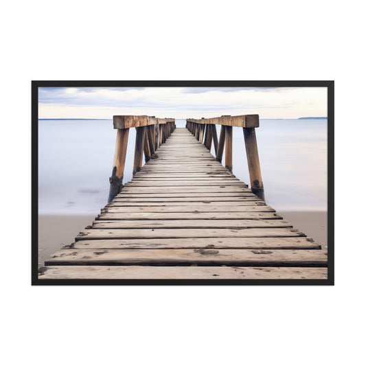 Echoes of the Sea Abandoned Weathered Pier Beach Subdued Photorealistic Digital Artwork Framed Black Frame