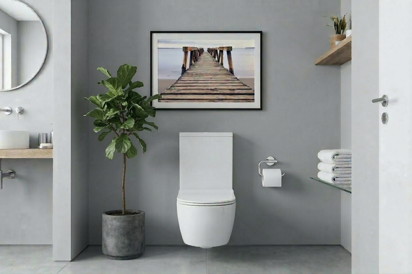 Echoes of the Sea Abandoned Weathered Pier Beach Subdued Photorealistic Digital Artwork Loose in Minimalist Style Bathroom