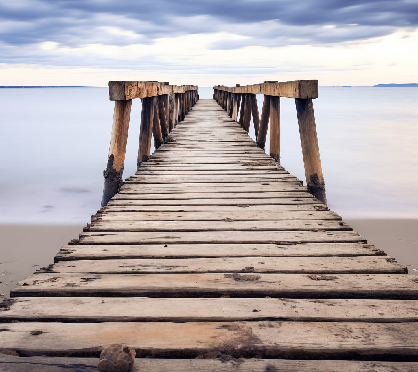 Beach and Coastal Wall Art: Echoes of the Sea Abandoned Weathered Pier Beach Subdued Photorealism - Digital Artwork Loose Art Print