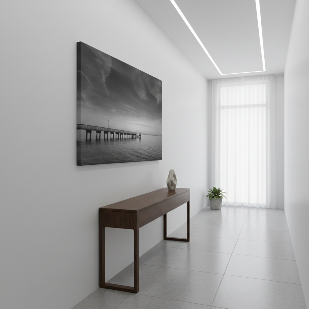 End of the Pier Black and White Coastal Landscape Photograph Canvas Wall Art Print in Contemporary Style Hallway