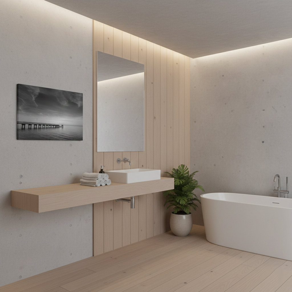 End of the Pier Black and White Coastal Landscape Photograph Canvas Wall Art Print in Scandinavian Style Spa-like Bathroom