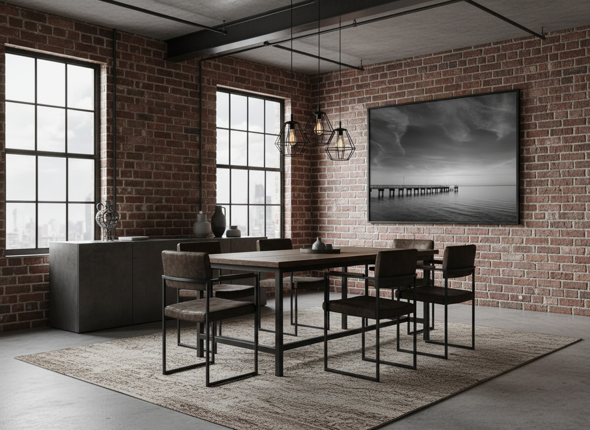 End of the Pier Black and White Coastal Landscape Photograph Custom Framed Wall Art Print in Industrial Style Dining Room