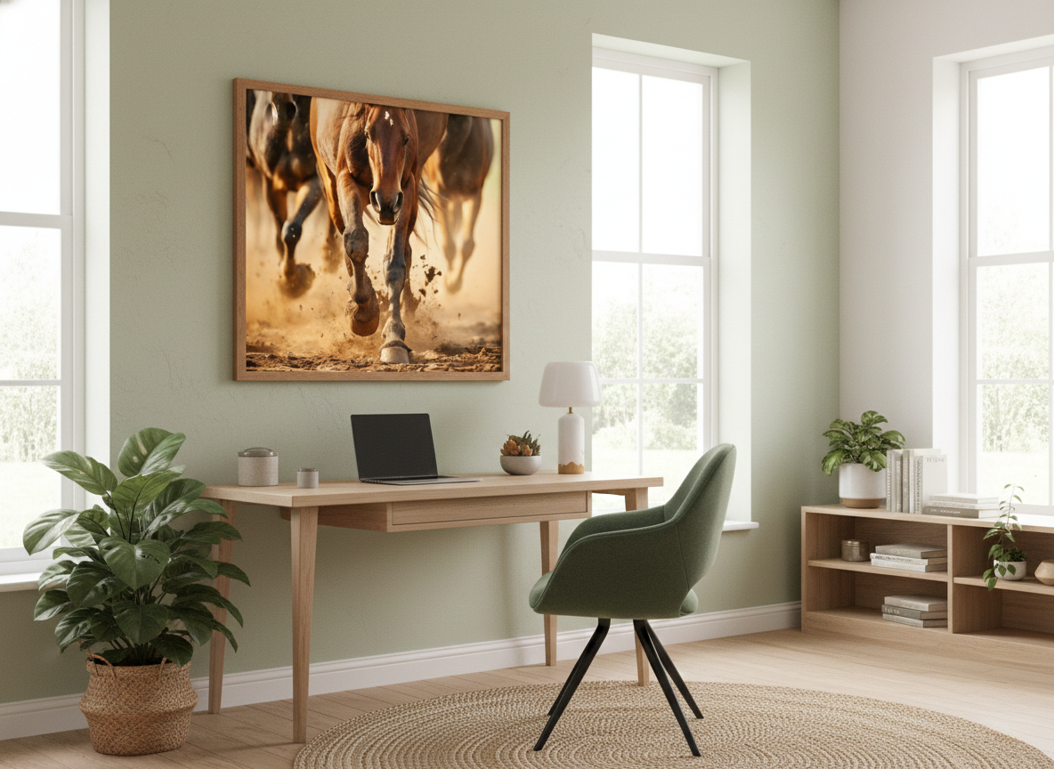 Equine Exodus Running Horses Photorealistic Digital Artwork Loose in Biophilic Style Home Office