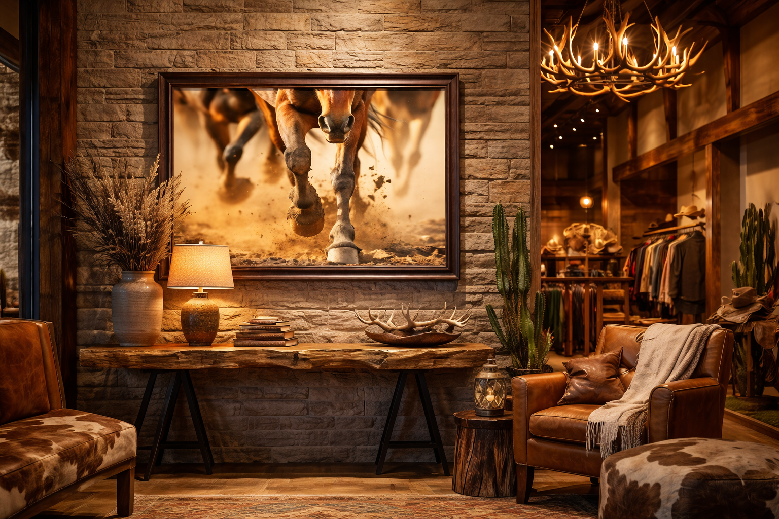 Equine Exodus Running Horses Photorealistic Digital Artwork Loose in Desert Modern Style Lodge