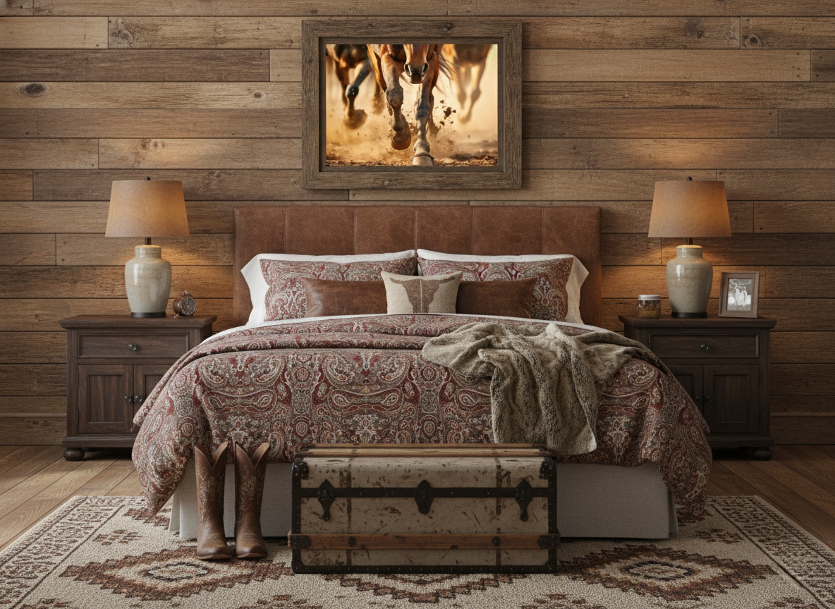 Equine Exodus Running Horses Photorealistic Digital Artwork Loose in Western Style Bedroom