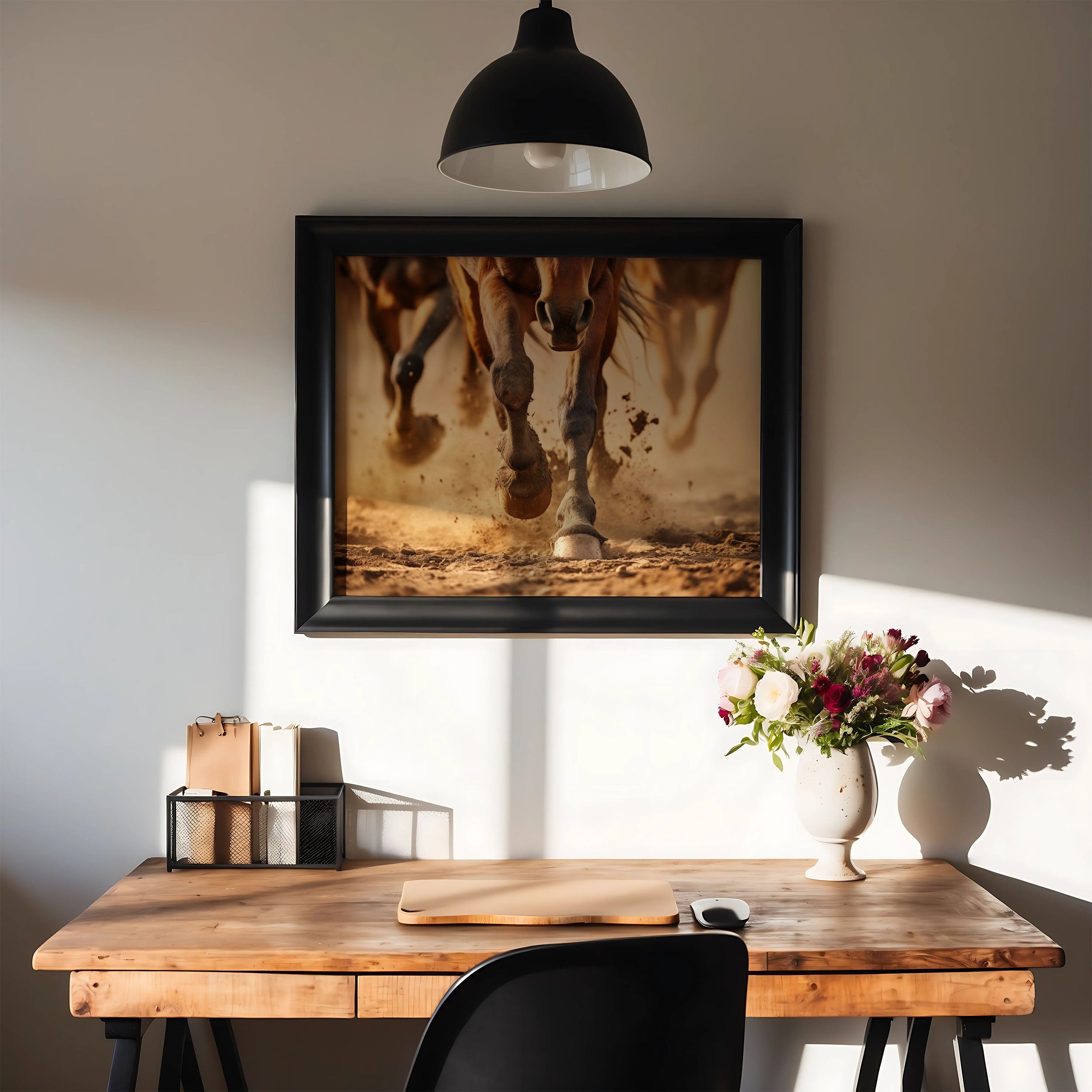 Equine Exodus Running Horses Photorealistic Digital Artwork in Home Office Setting