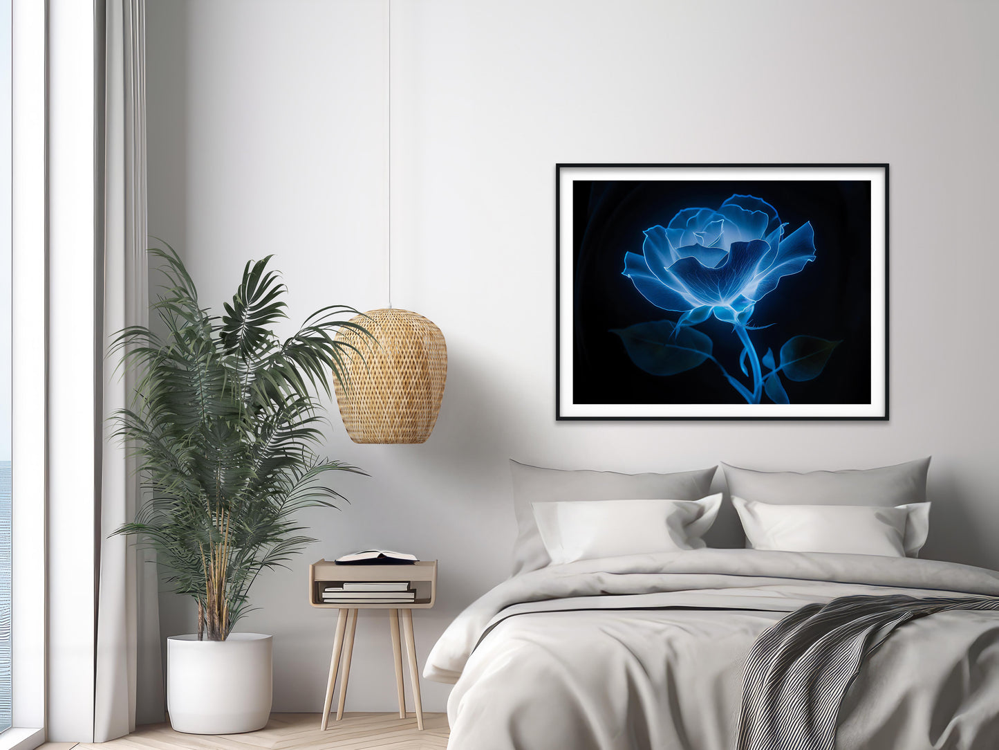 DOWNLOADABLE / PRINTABLE Botanical / Floral / Minimal Modern Digital Artwork Ethereal Embrace Bioluminescent Rose on Black Size up to 40x60