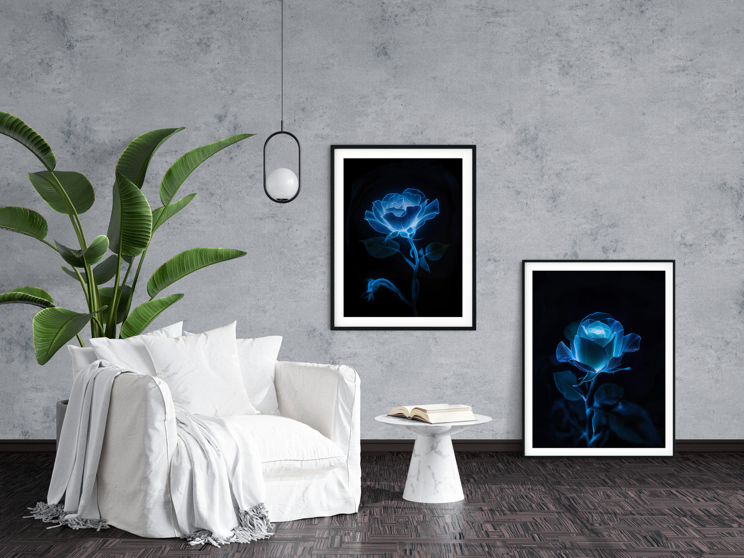 DOWNLOADABLE / PRINTABLE Botanical / Floral / Minimal Modern Digital Artwork Ethereal Embrace Bioluminescent Rose on Black Size up to 40x60
