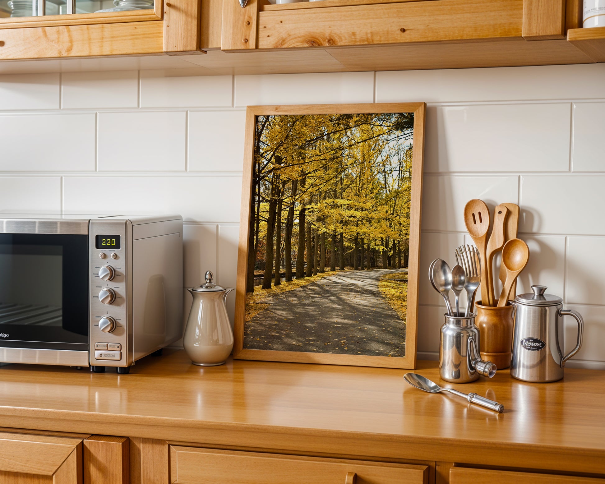Fall Path Autumn Rustic Landscape Photograph in Kitchen Setting