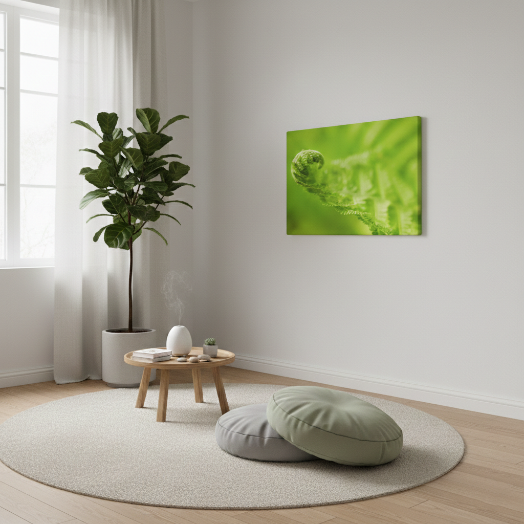 Fern Curl Minimal Botanical Nature Photography Print Canvas in Scandinavian Style Meditation Room