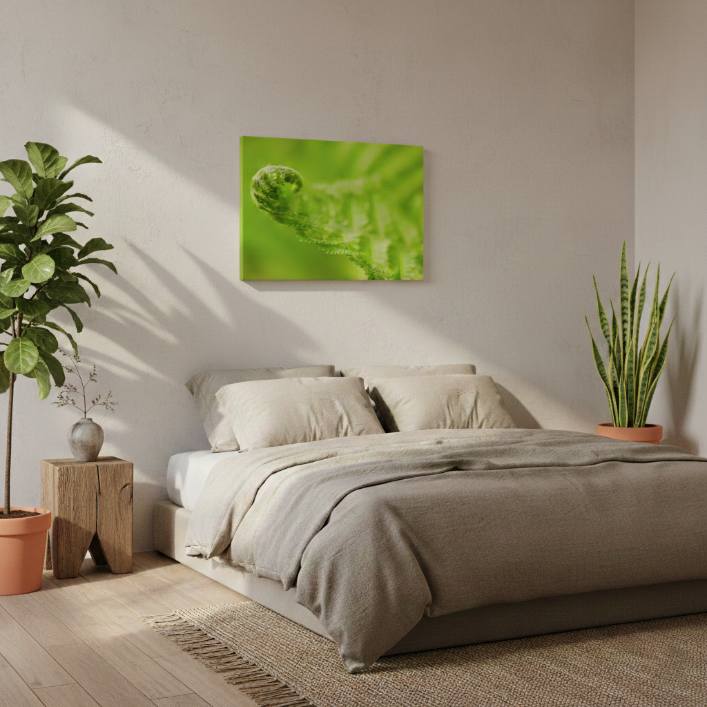 Fern Curl Minimal Botanical Nature Photography Print Canvas in Wabi-Sabi Style Bedroom