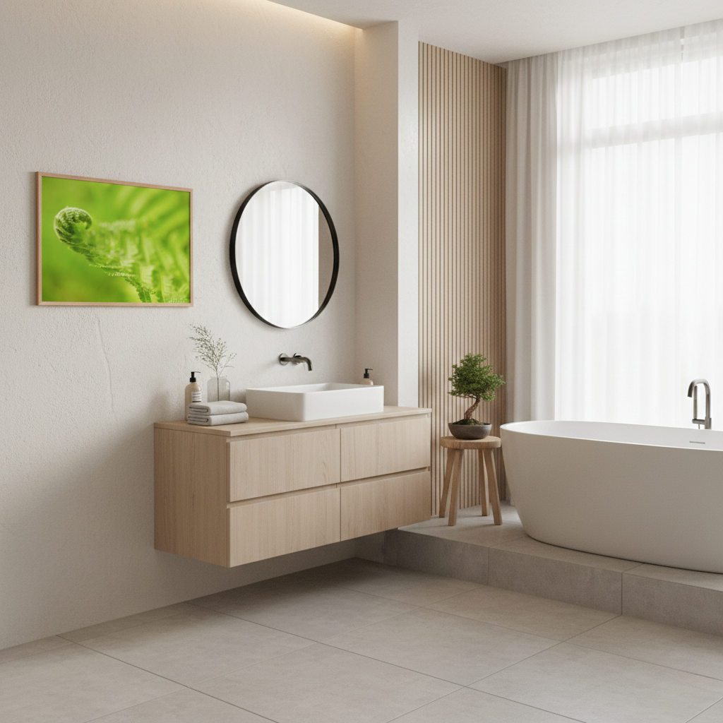 Fern Curl Minimal Botanical Nature Photography Print Framed in Japandi Style Bathroom