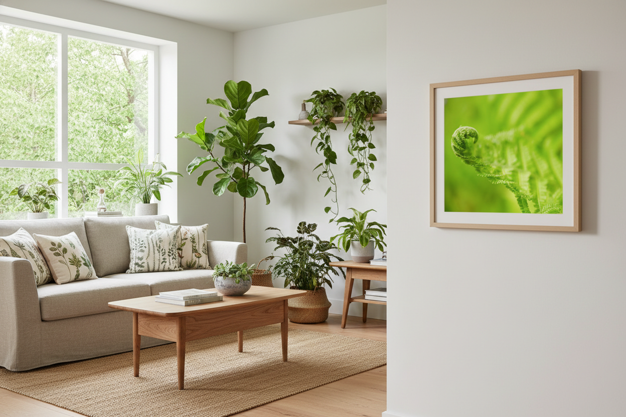 Fern Curl Minimal Botanical Nature Photography Print Loose in Biophilic Style Living Room