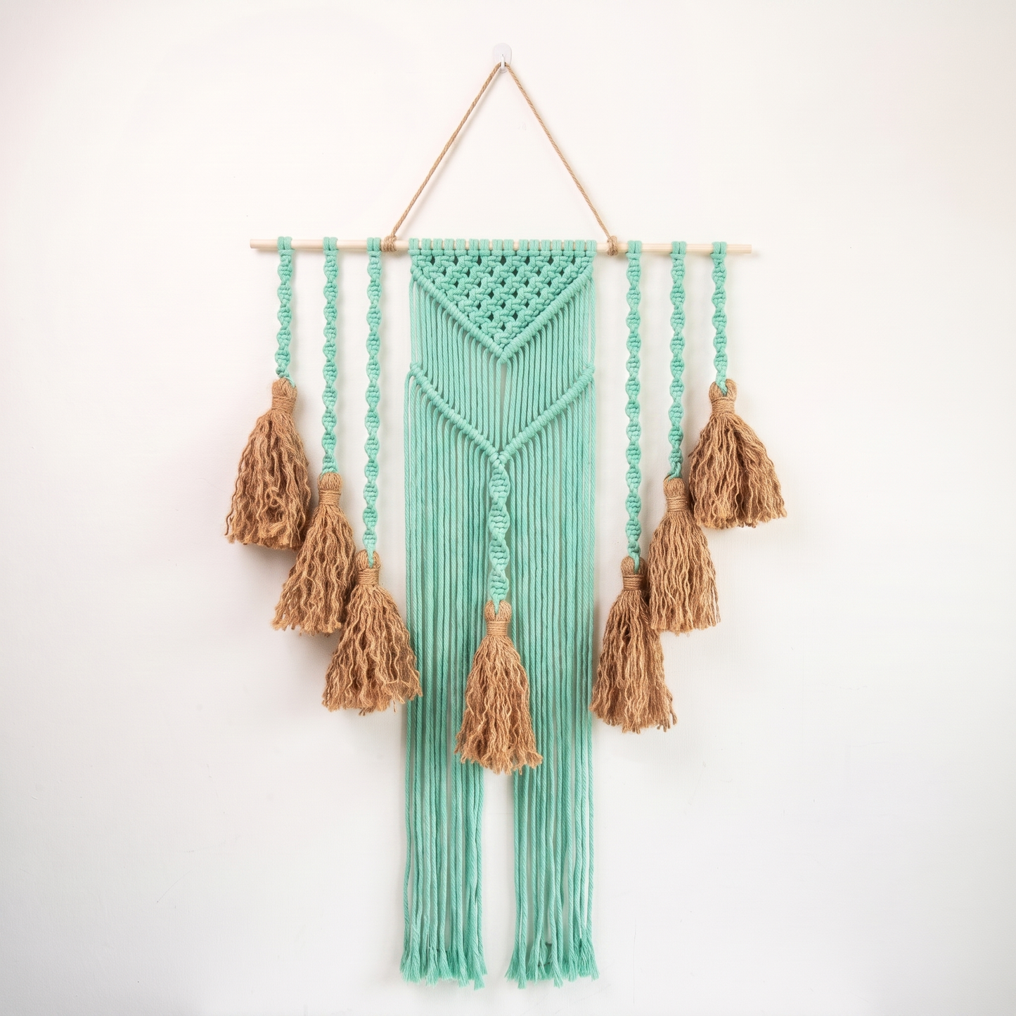 Fiber Art Custom Macrame Wall Hanging Aqua Green Hex code 9ee8c5