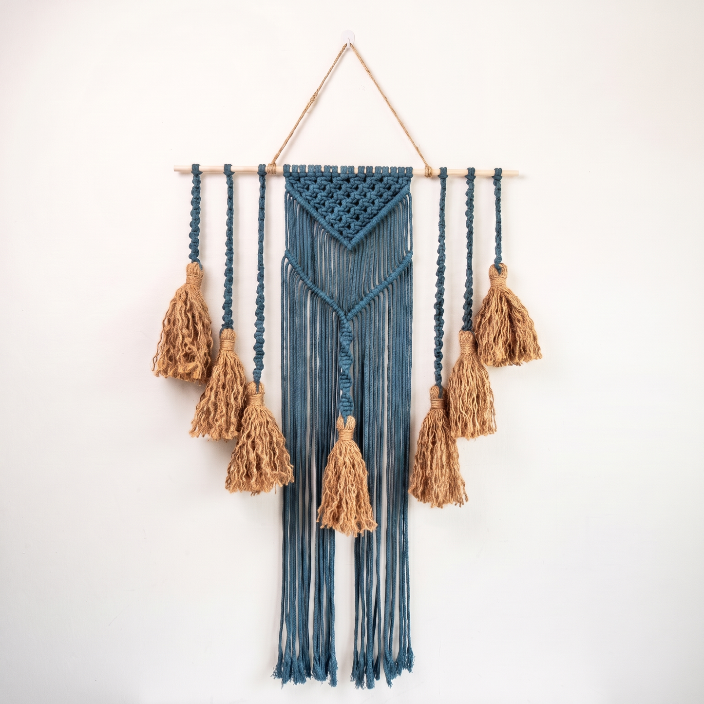 Fiber Art Custom Macrame Wall Hanging Azure Blue Hex code 3783b7