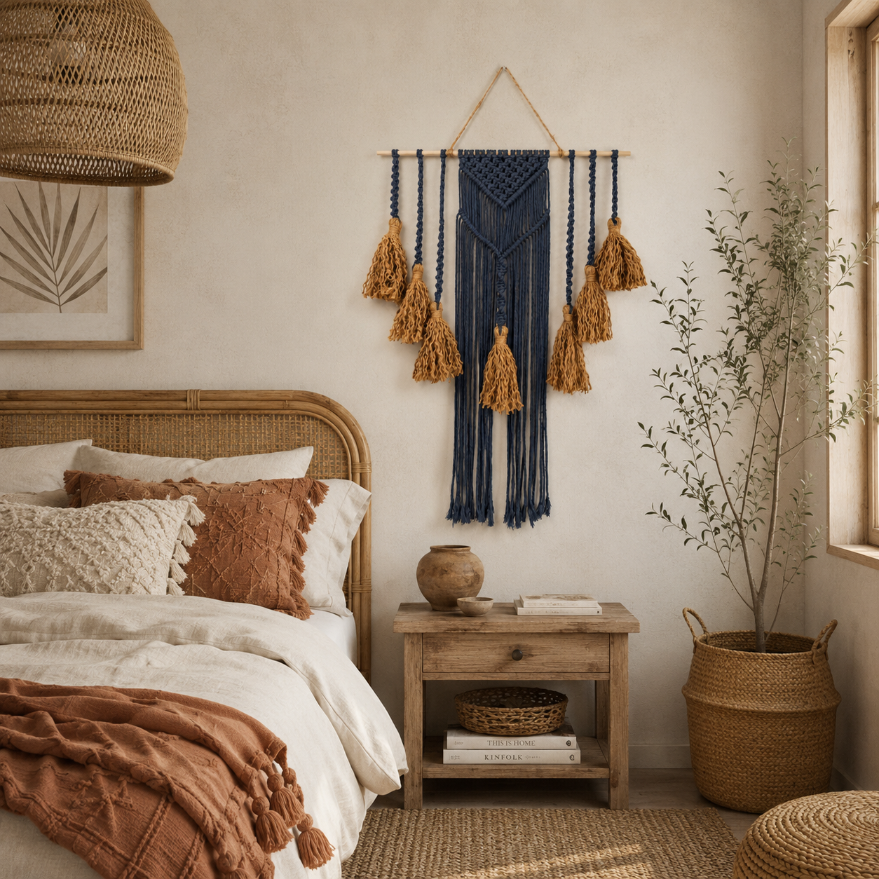 Fiber Art Custom Macrame Wall Hanging Sapphire Blue in Boho Chic Style Bedroom