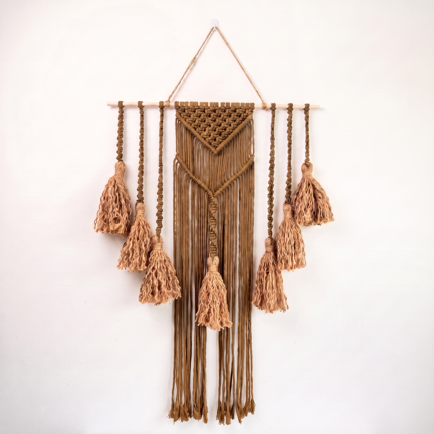 Fiber Art Custom Macrame Wall Hanging Golden Brown Hex code 8a5e2f
