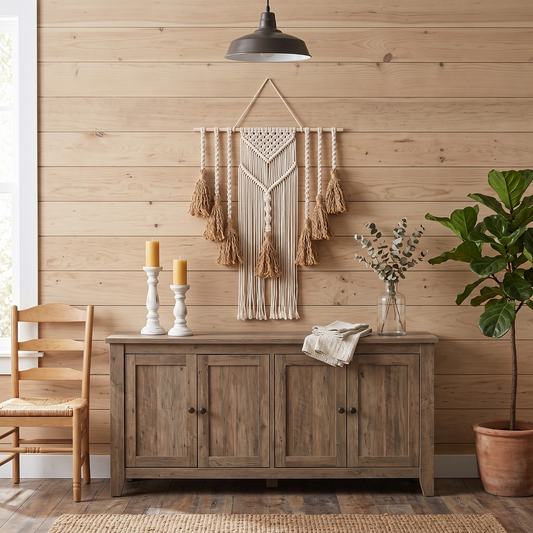 Fiber Art Custom Macrame Wall Hanging Natural Cotton in Modern Farmhouse Style Dining Room