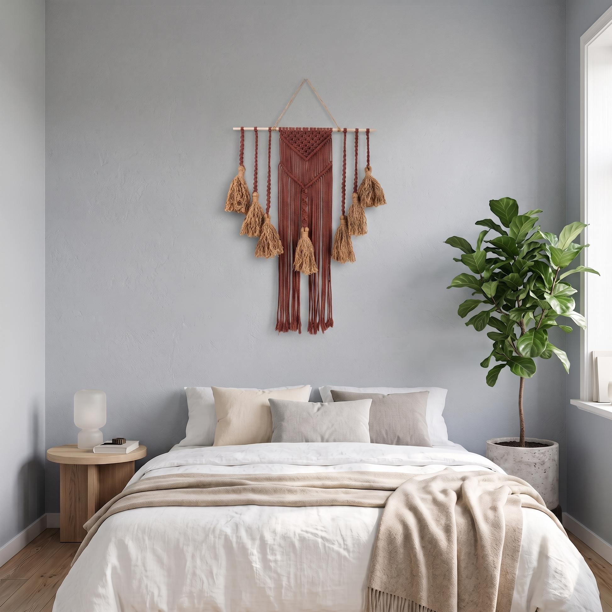 Fiber Art Custom Macrame Wall Hanging Rust Red in Scandi Style Master Bedroom