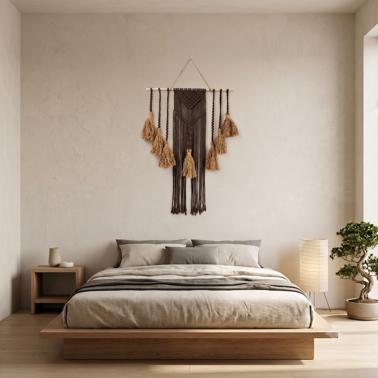 Fiber Art Custom Macrame Wall Hanging Expresso Brown in Japandi Style Bedroom