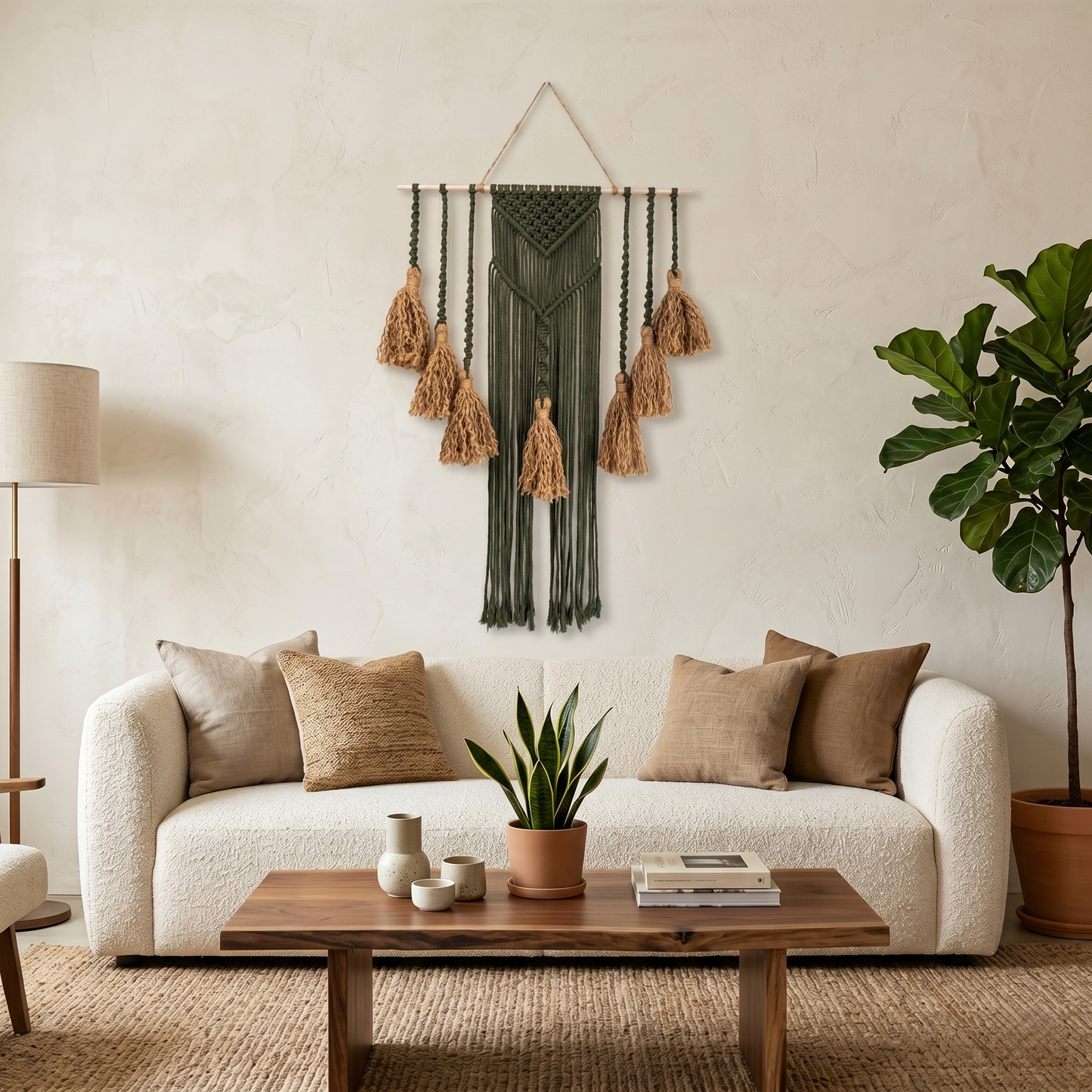 Fiber Art Custom Macrame Wall Hanging Moss Green Japandi Boho Chic Modern Organic (3)