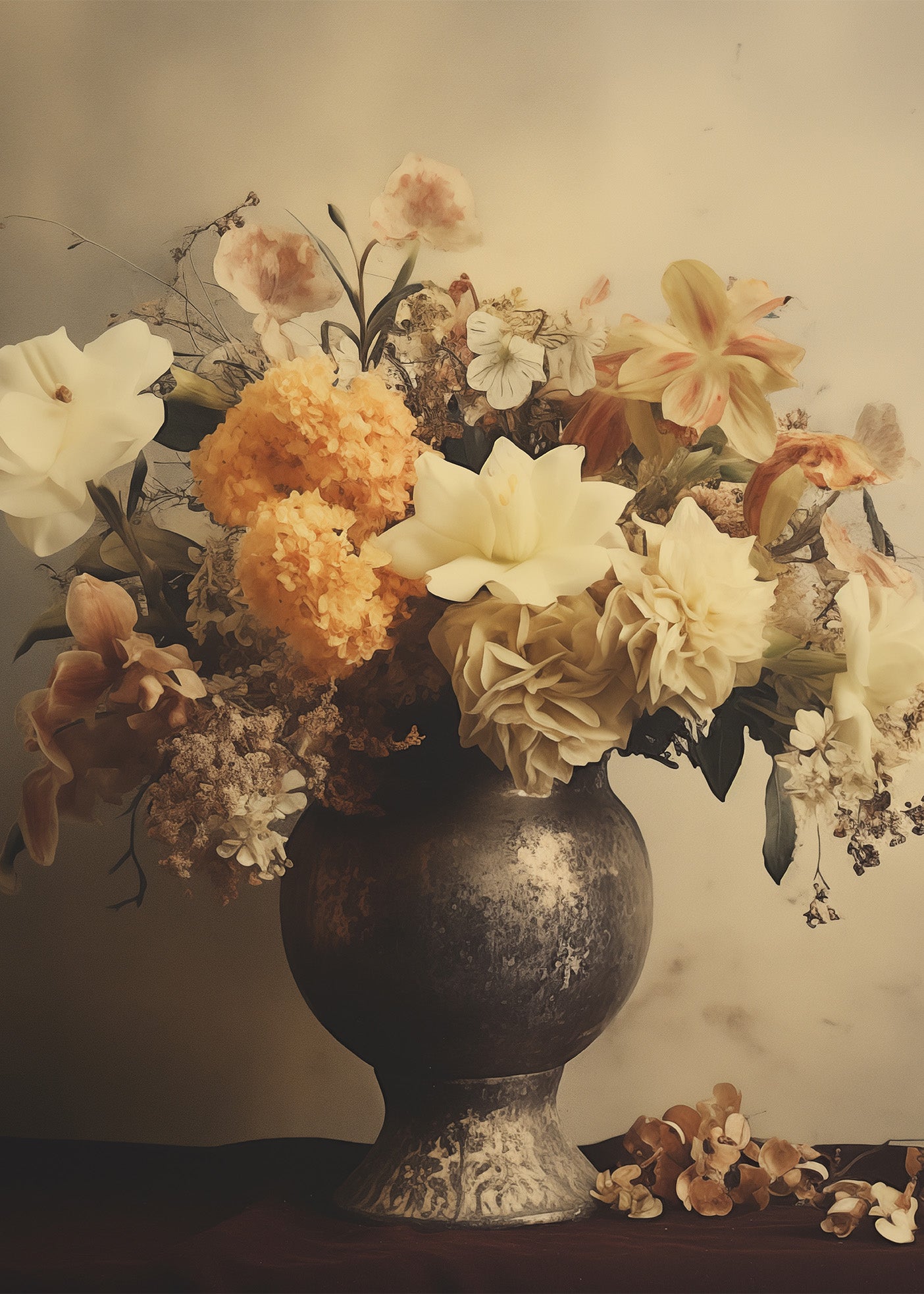 Floral Symphony Bouquet Retro Subdued Photorealism - Digital Artwork Loose Art Print