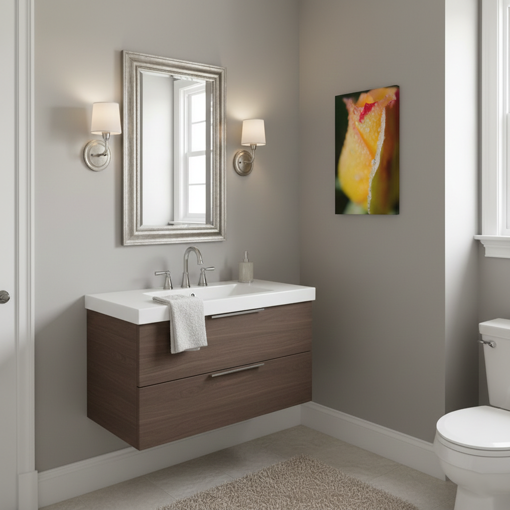 Floral Art Prints Dew on Yellow Rose Botanical Nature Photograph Canvas in Transitional Style Powder Room