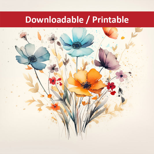 Floral Still Life Colorful Bouquet Digital Watercolor Painting DIY Printable Artwork