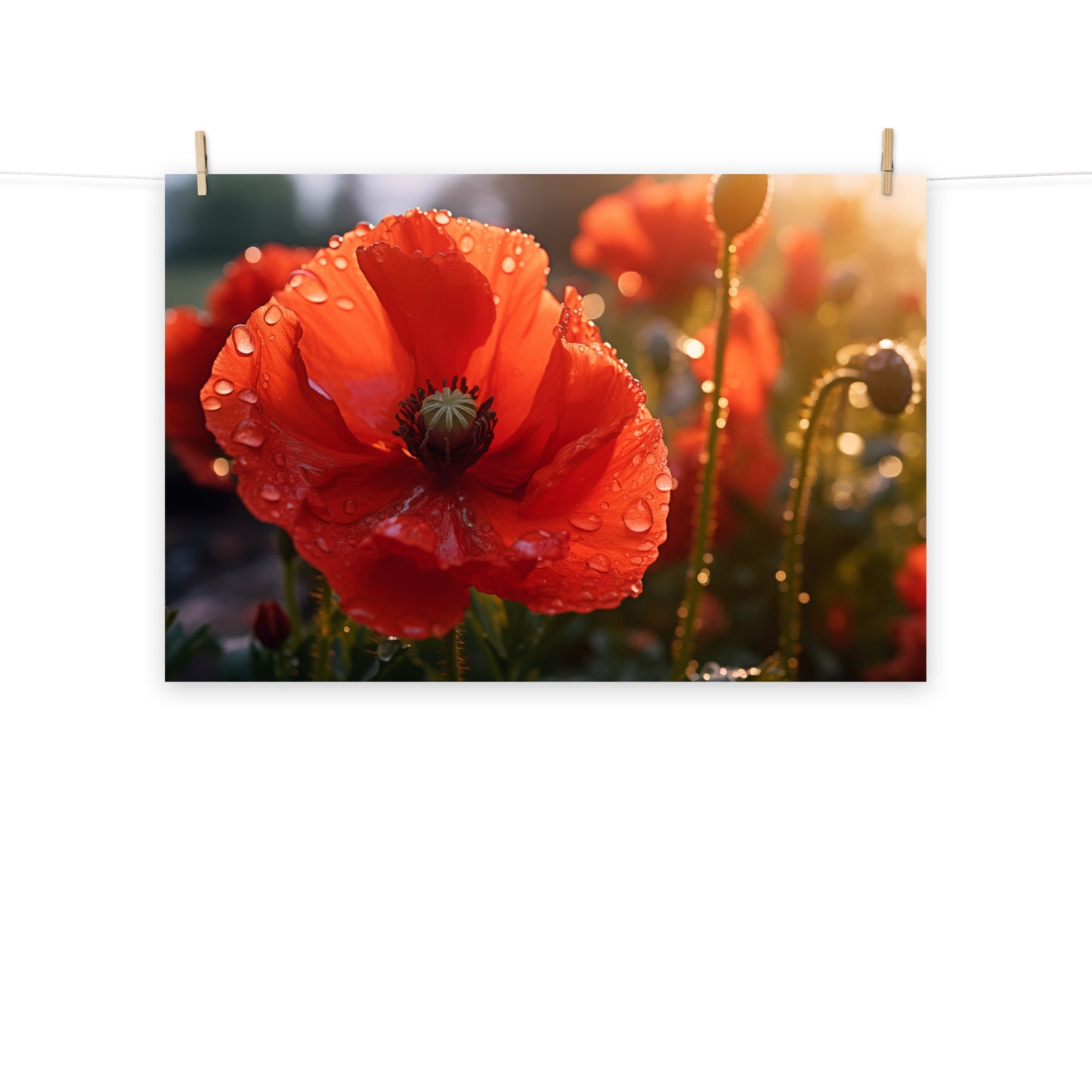 Flower Prints Unframed: A Single Tear of Red Photorealistic Poppy Flower in Sunset- Digital Artwork Loose Art Print