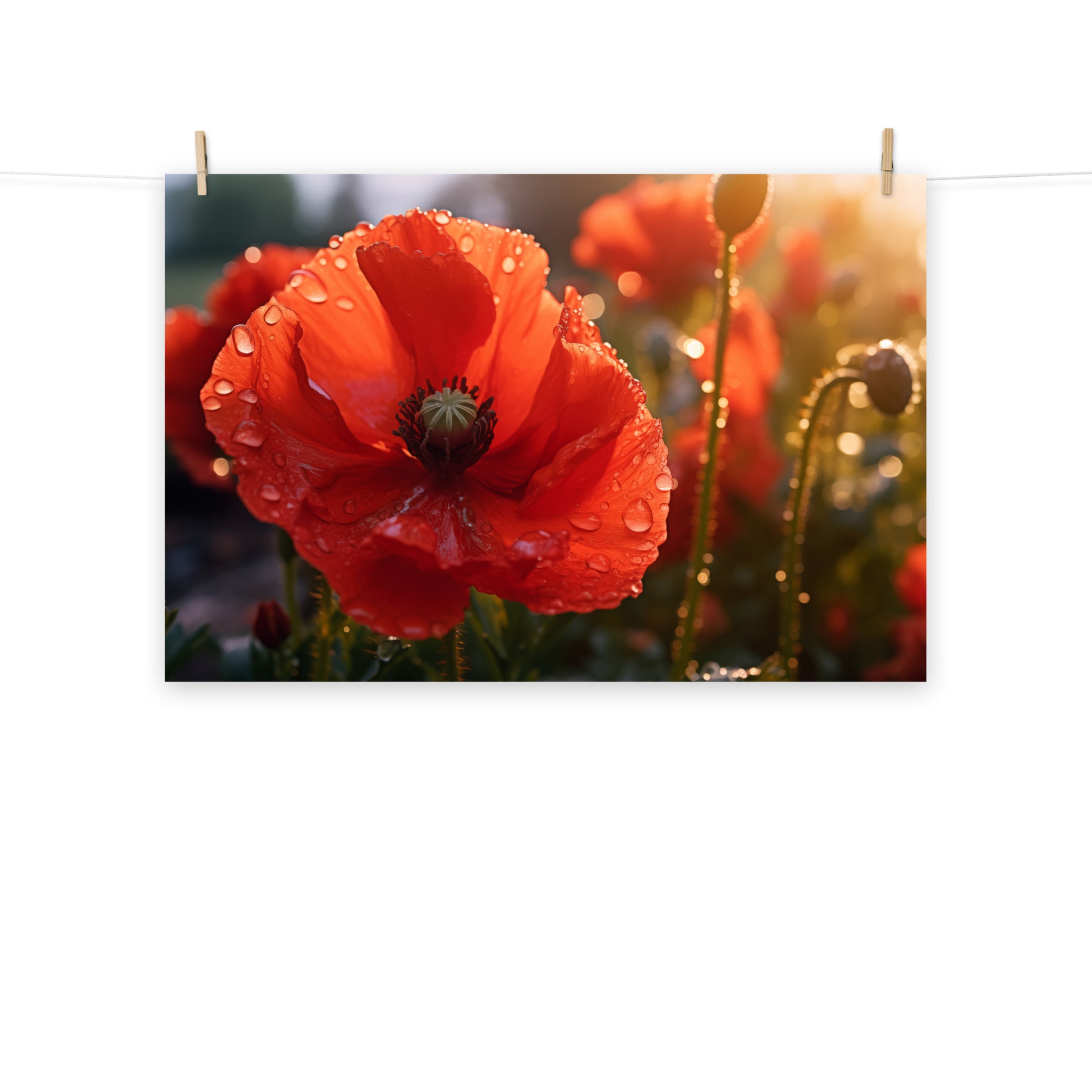 Flower Prints Unframed: A Single Tear of Red Photorealistic Poppy Flower in Sunset- Digital Artwork Loose Art Print