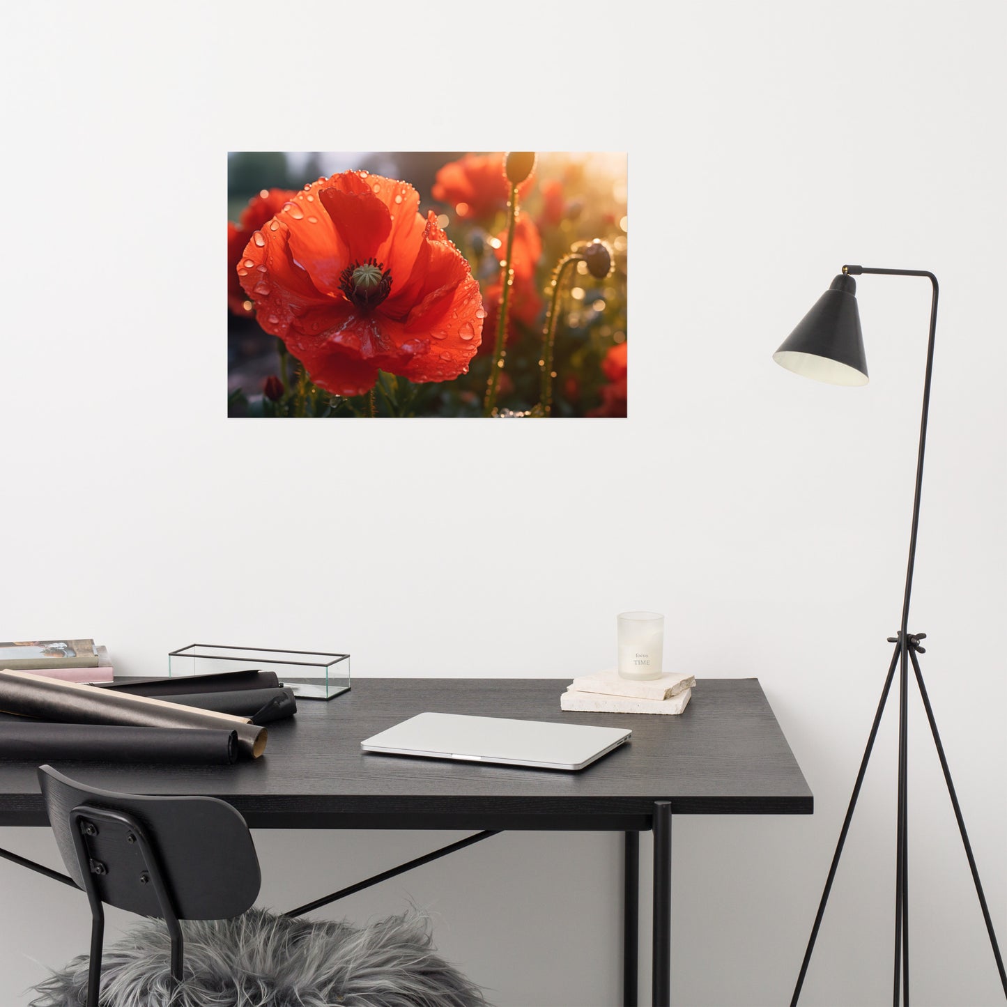 Flower Wall Poster: A Single Tear of Red Photorealistic Poppy Flower in Sunset- Digital Artwork Loose Art Print