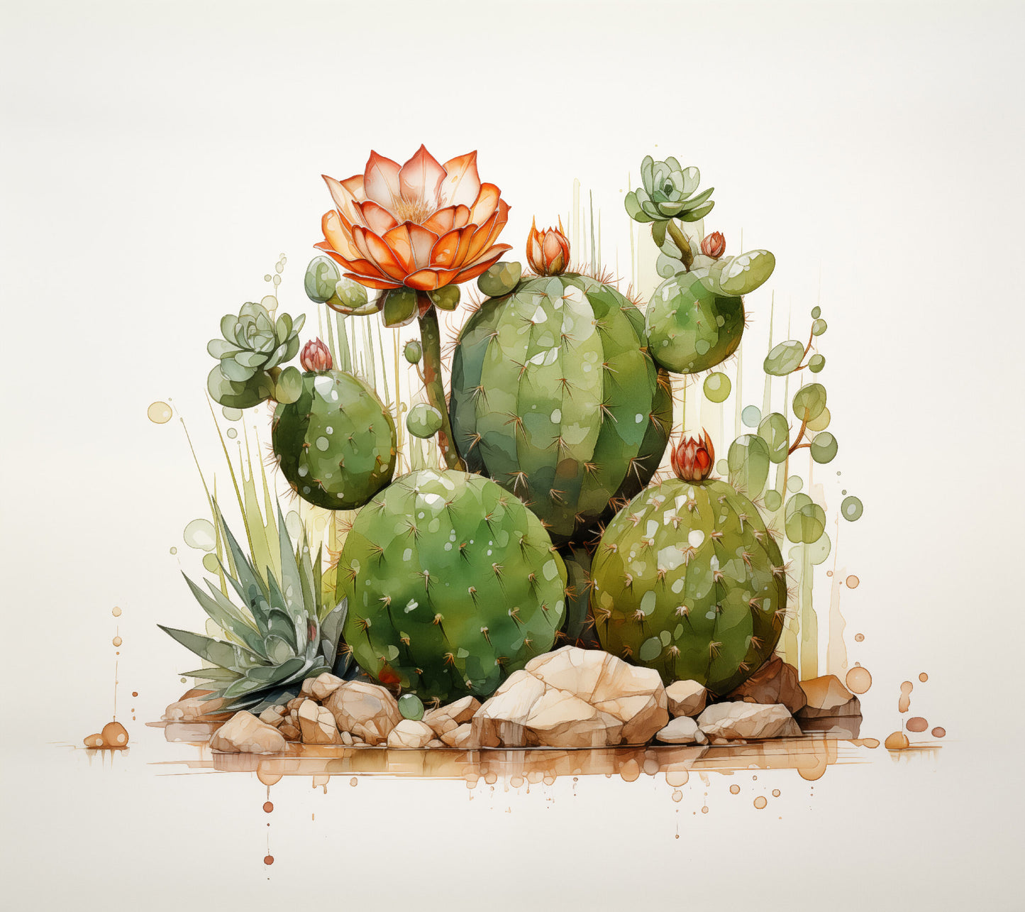 Flowering Cacti Still Life Cactus Watercolor Painting - Digital Artwork Loose Art Print