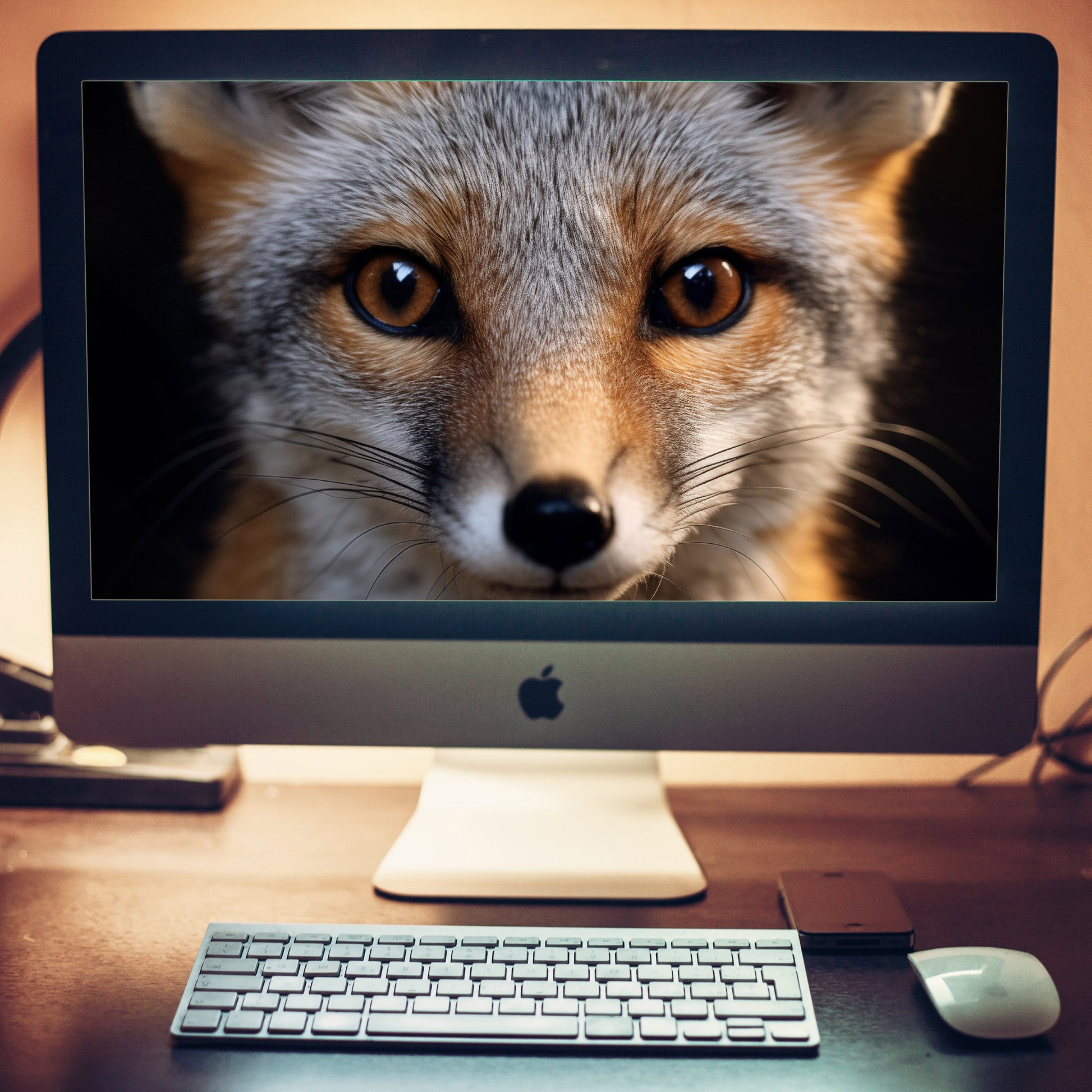 Foxfire Gaze Gray Fox Photorealistic Digital Artwork Wallpaper for Computer