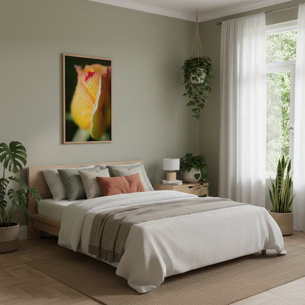 Framed Floral Wall Art Dew on Yellow Rose Botanical Nature Photograph  in Biophilic Style Bedroom
