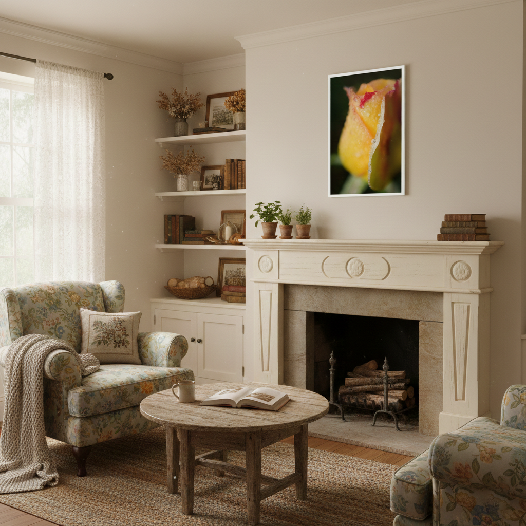 Framed Flower Wall Art Dew on Yellow Rose Floral Botanical Nature Photograph in Cottagecore Style Living Room