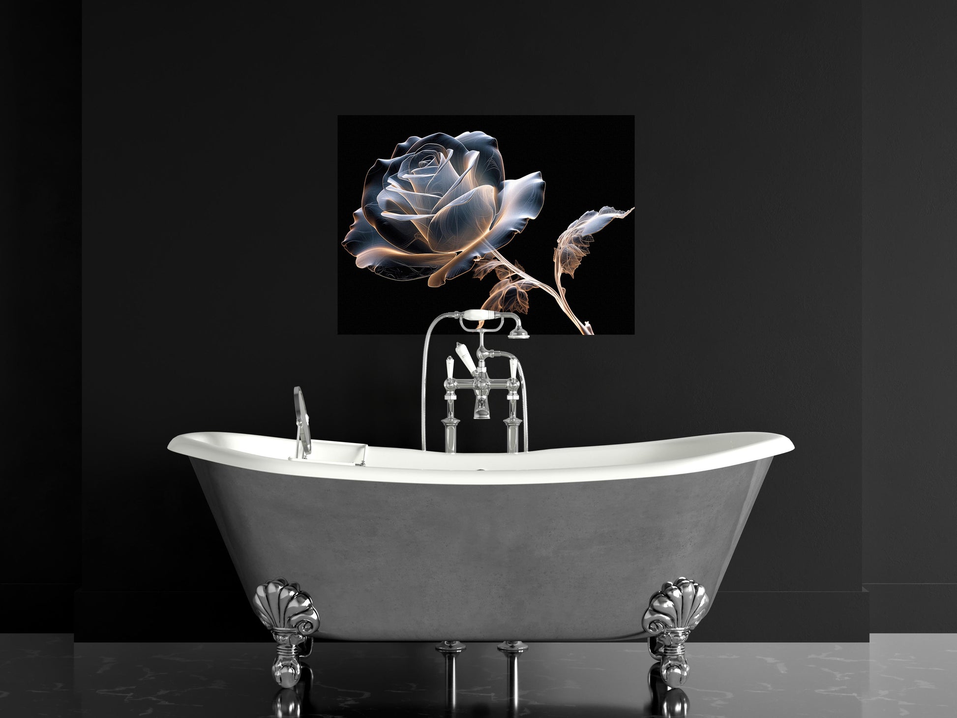 Ghostly Bloom X-Ray Effect Illustration Canvas Wall Art Print in Modern Bathroom Setting