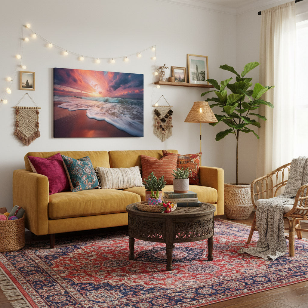 Golden Horizon Realism Painting Beach Artwork Canvas Coastal Wall Art Print in Bohemian Style Living Room Setting