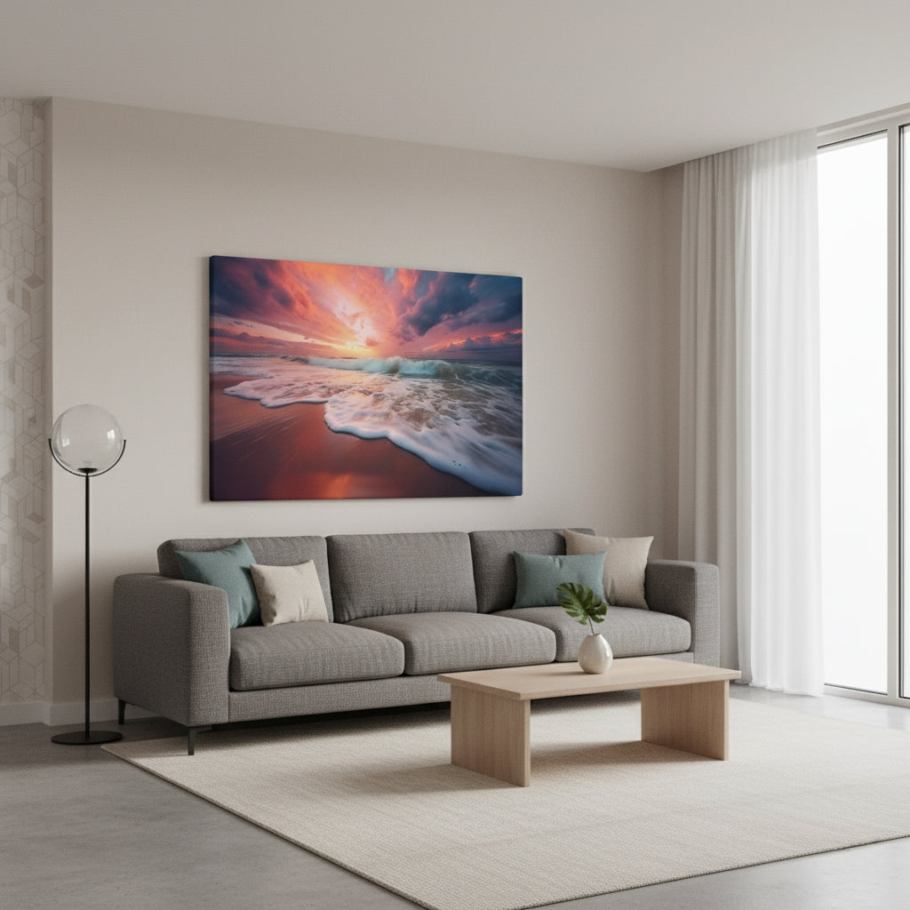 Golden Horizon Realism Painting Beach Artwork Canvas Coastal Wall Art Print in Contemporary Style Living Room