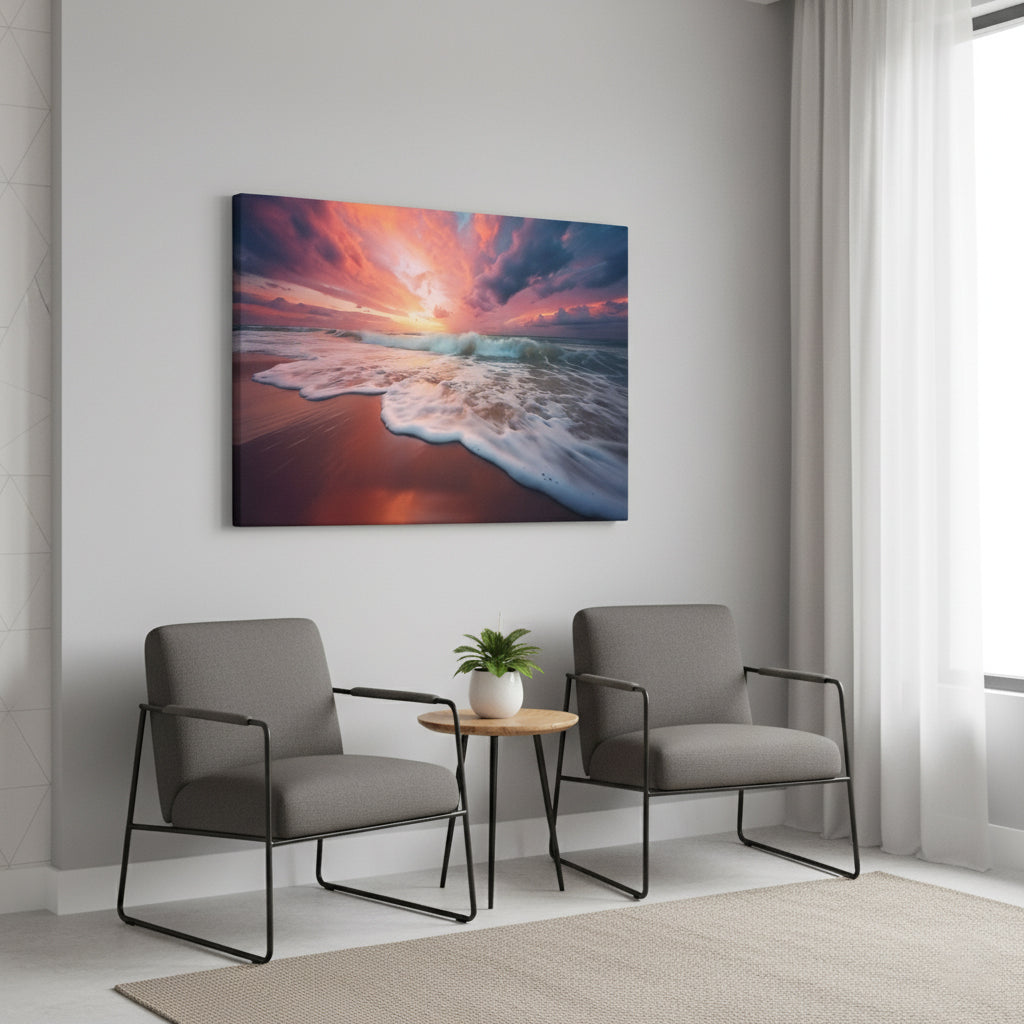 Golden Horizon Realism Painting Beach Artwork Canvas Coastal Wall Art Print in Modern Style Home Office Setting