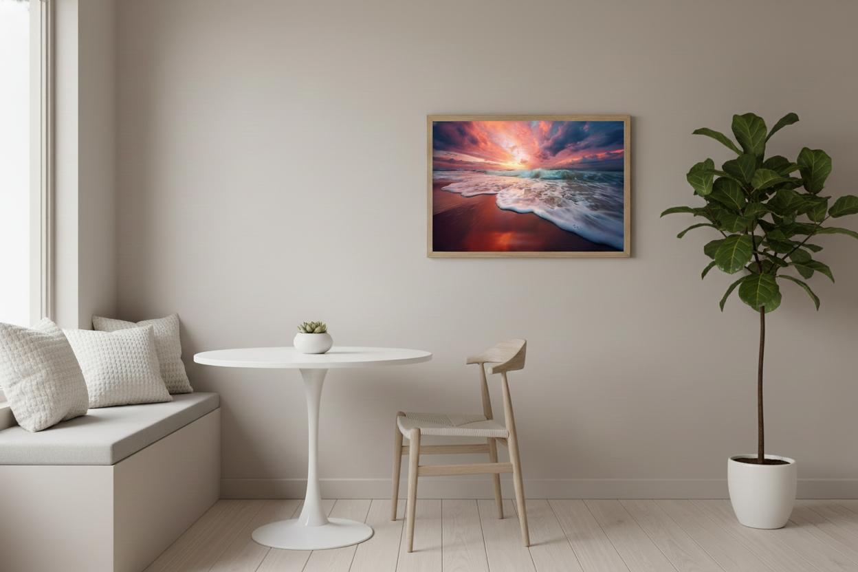 Golden Horizon Realism Painting Beach Artwork Custom Framed in Minimalist Style Breakfast Nook
