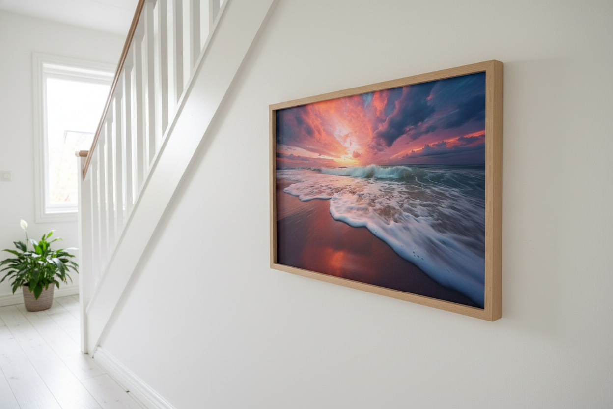 Golden Horizon Realism Painting Beach Artwork Custom Framed in Nordic Style Stairway