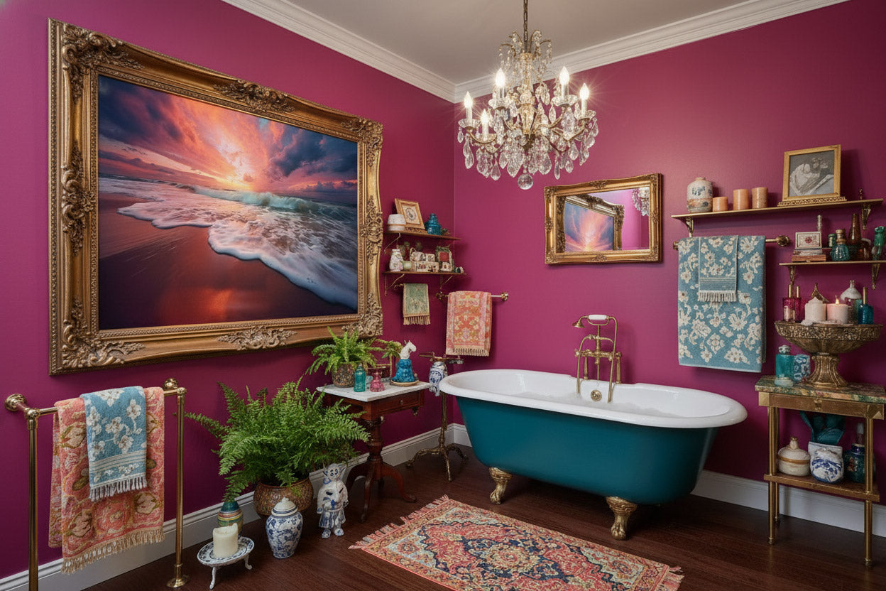 Golden Horizon Realism Painting Beach Artwork DIY Downloadable and Printable Wall Art Print in Maximalist Style Bathroom